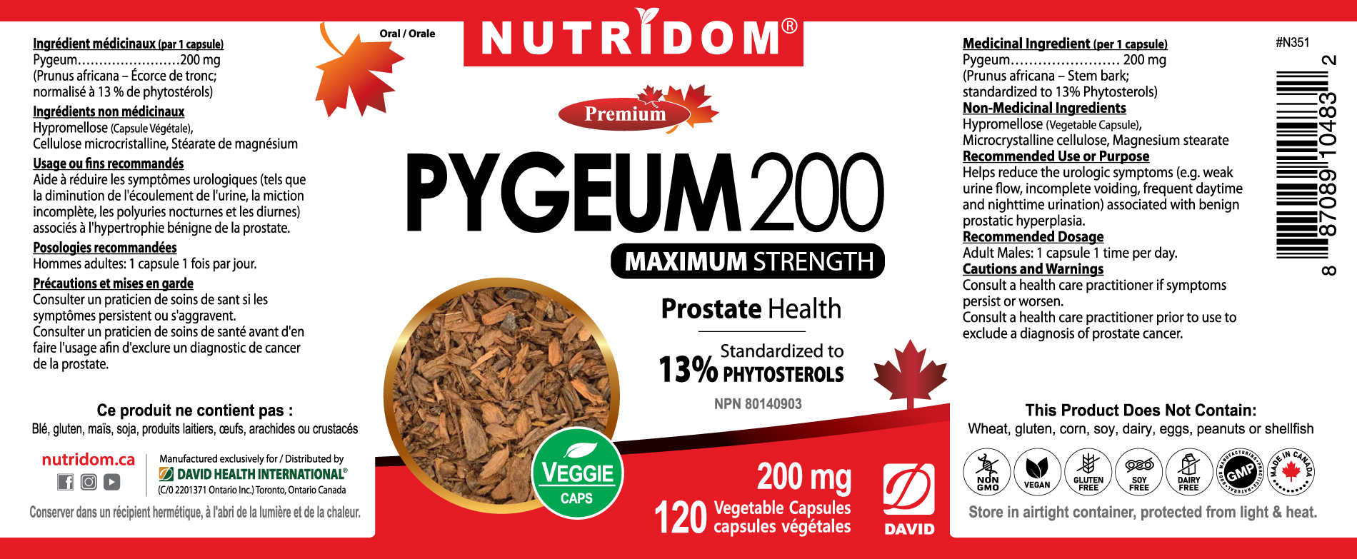 Nutridom Pygeum200 200mg 120 Vegetable Capsules (Prostate Health / Maximun Strength)