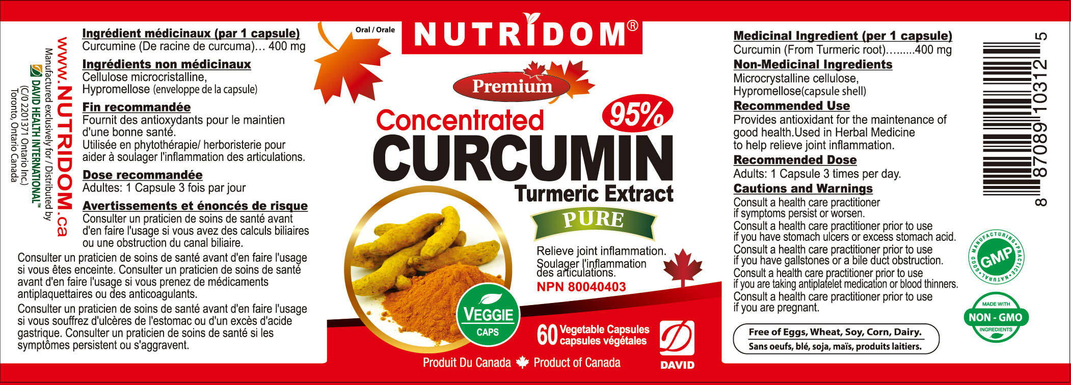 Nutridom Turmeric Curcumin, 400 mg, 60 Veggie Capsules