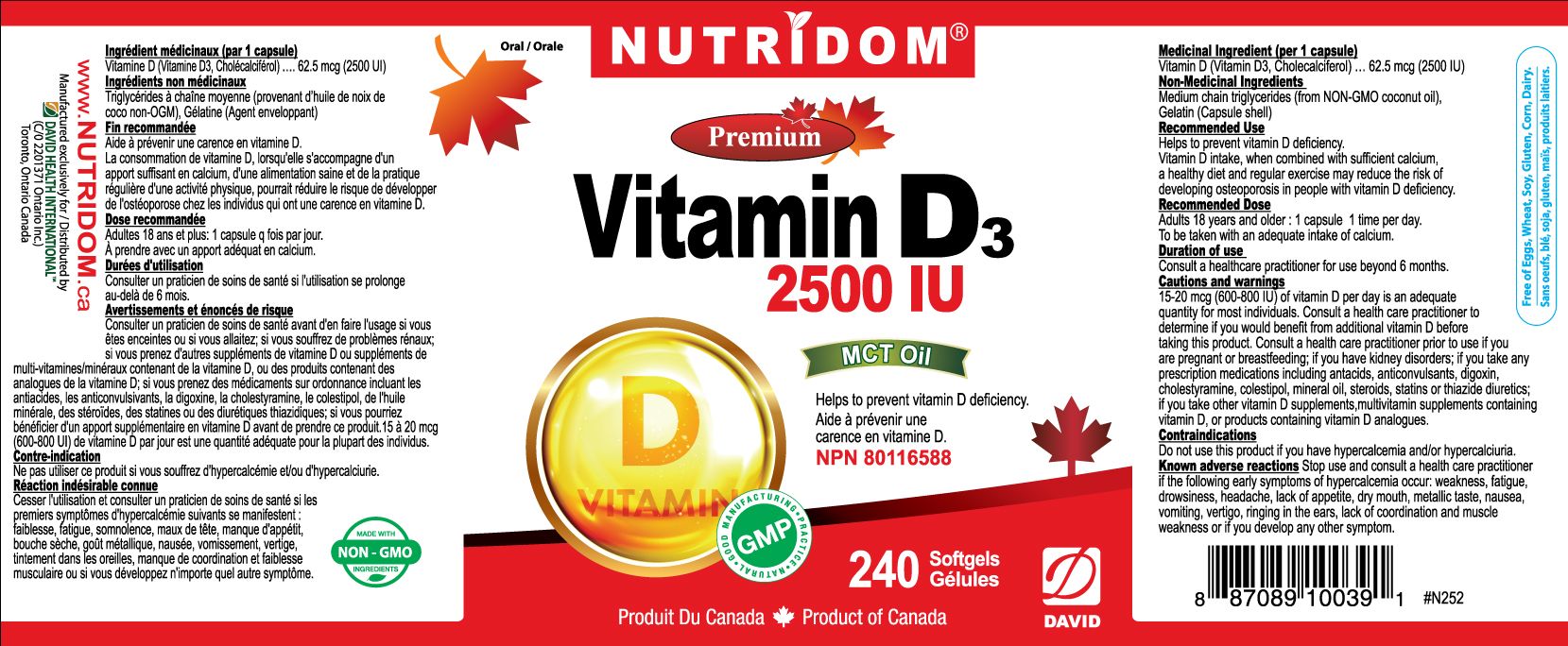 Nutridom Vitamin D3 (Cholecalciferol) with MCT Oil, 62.5 mcg (2500 IU), 240 Softgels
