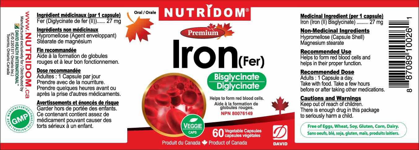 Nutridom Iron Bisglycinate, 27 mg, 60 Veggie Capsules