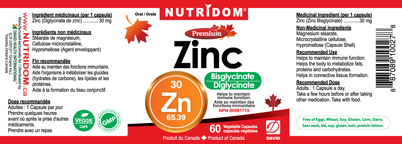 Nutridom Zinc Bisglycinate, 30 mg,  60 Veggie Capsules