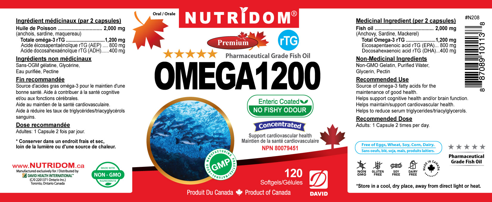 Nutridom Omega 1200 (rTG Omega 3) Fish Oil, EPA, DHA, 120 Softgels